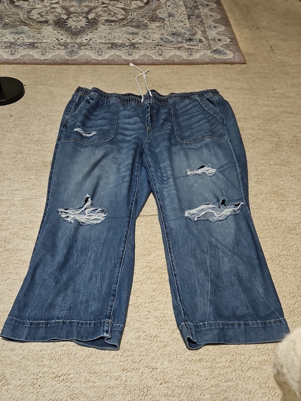 Lane Bryant Blue Distressed Wide-Leg Drawstring Jeans